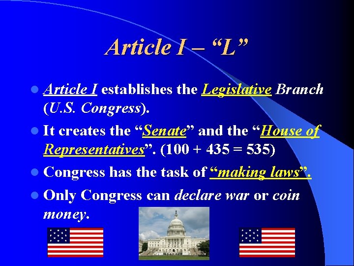 Article I – “L” l Article I establishes the Legislative Branch (U. S. Congress). Article I – “L” l Article I establishes the Legislative Branch (U. S. Congress).