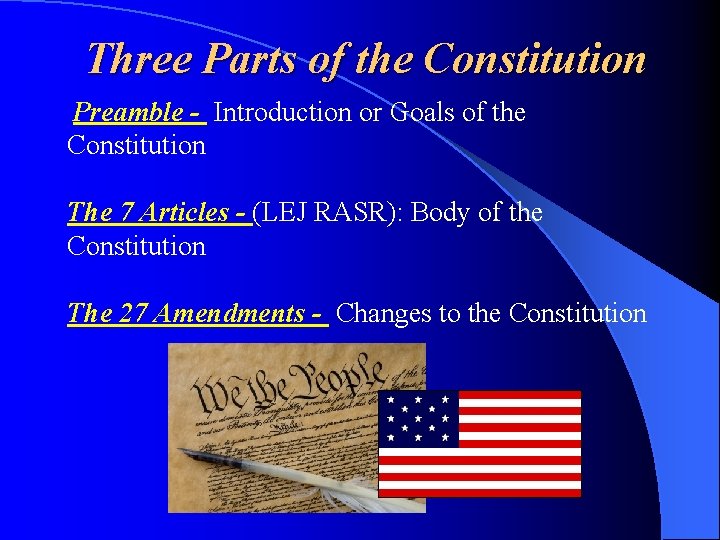 Three Parts of the Constitution Preamble - Introduction or Goals of the Constitution The Three Parts of the Constitution Preamble - Introduction or Goals of the Constitution The