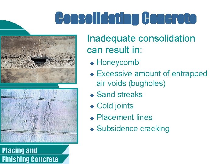 Consolidating Concrete Inadequate consolidation can result in: Honeycomb u Excessive amount of entrapped air