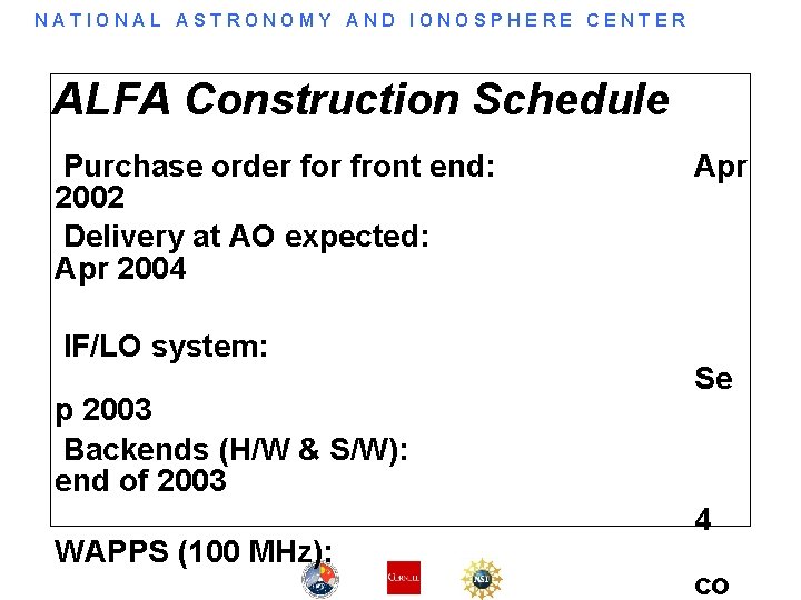 NATIONAL ASTRONOMY AND IONOSPHERE CENTER ALFA Construction Schedule Purchase order for front end: 2002