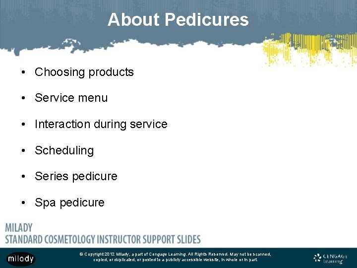 About Pedicures • Choosing products • Service menu • Interaction during service • Scheduling