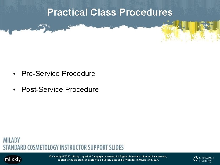 Practical Class Procedures • Pre-Service Procedure • Post-Service Procedure © Copyright 2012 Milady, a
