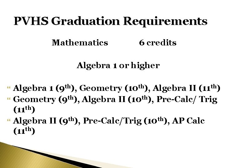 PVHS Graduation Requirements Mathematics 6 credits Algebra 1 or higher Algebra 1 (9 th), PVHS Graduation Requirements Mathematics 6 credits Algebra 1 or higher Algebra 1 (9 th),