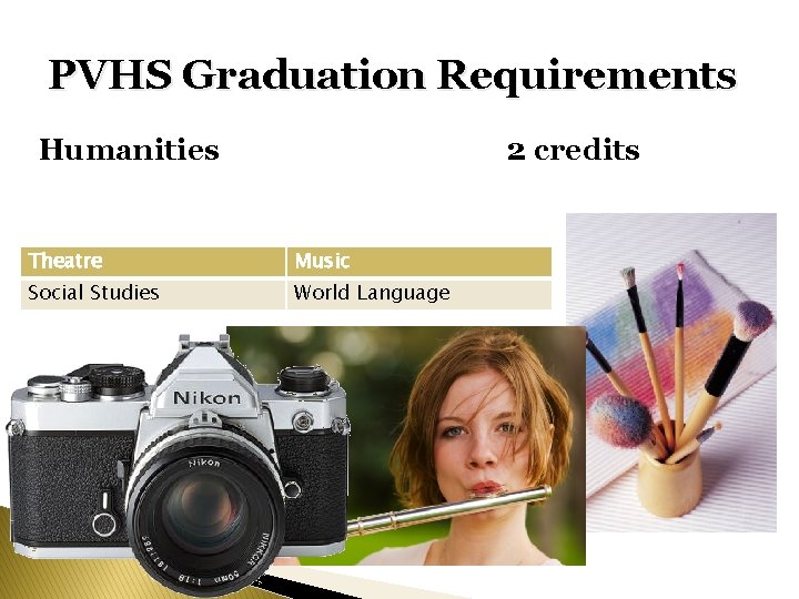 PVHS Graduation Requirements Humanities 2 credits Theatre Music Social Studies World Language PVHS Graduation Requirements Humanities 2 credits Theatre Music Social Studies World Language