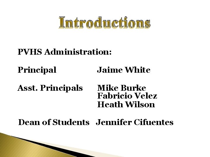 Introductions PVHS Administration: Principal Jaime White Asst. Principals Mike Burke Fabricio Velez Heath Wilson Introductions PVHS Administration: Principal Jaime White Asst. Principals Mike Burke Fabricio Velez Heath Wilson