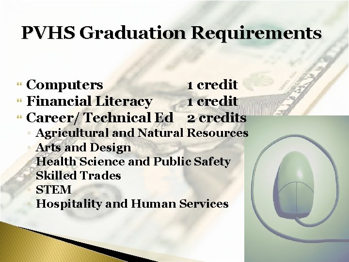 PVHS Graduation Requirements Computers Financial Literacy Career/ Technical Ed ◦ ◦ ◦ 1 credit PVHS Graduation Requirements Computers Financial Literacy Career/ Technical Ed ◦ ◦ ◦ 1 credit