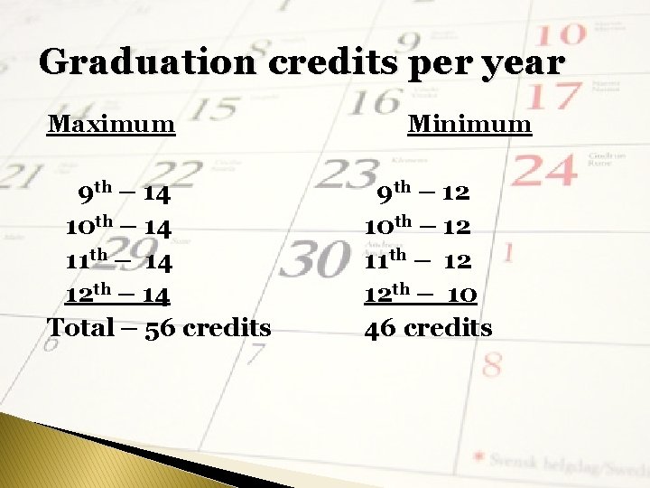 Graduation credits per year Maximum 9 th – 14 10 th – 14 11 Graduation credits per year Maximum 9 th – 14 10 th – 14 11