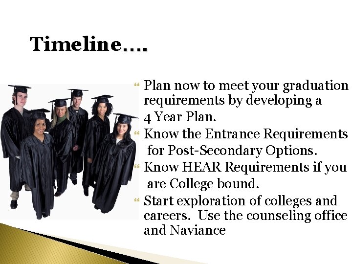 Timeline…. Plan now to meet your graduation requirements by developing a 4 Year Plan. Timeline…. Plan now to meet your graduation requirements by developing a 4 Year Plan.