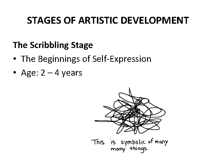 STAGES OF ARTISTIC DEVELOPMENT The Scribbling Stage • The Beginnings of Self-Expression • Age: