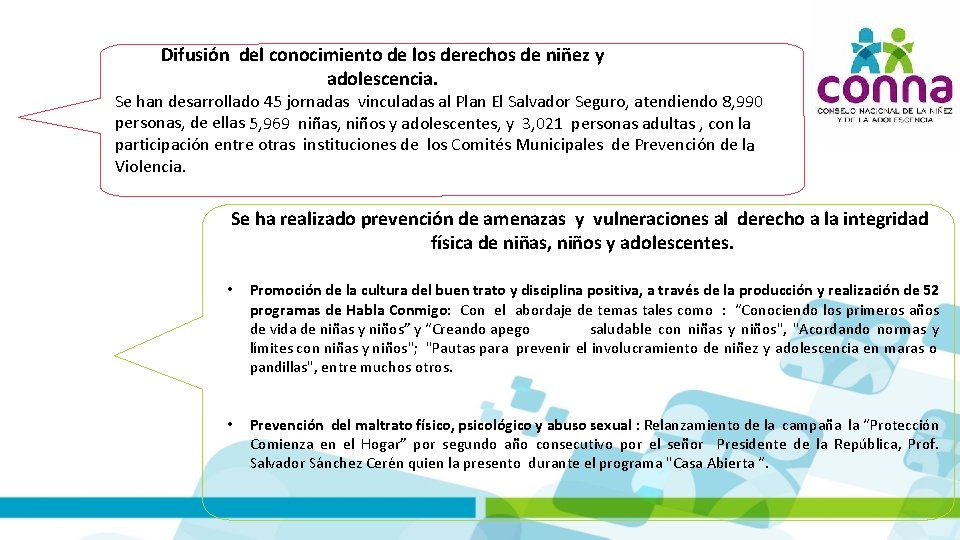 Difusión del conocimiento de los derechos de niñez y adolescencia. Se han desarrollado 45