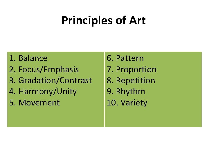 Principles of Art 1. Balance 2. Focus/Emphasis 3. Gradation/Contrast 4. Harmony/Unity 5. Movement 6.