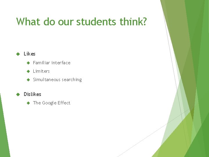 What do our students think? Likes Familiar interface Limiters Simultaneous searching Dislikes The Google