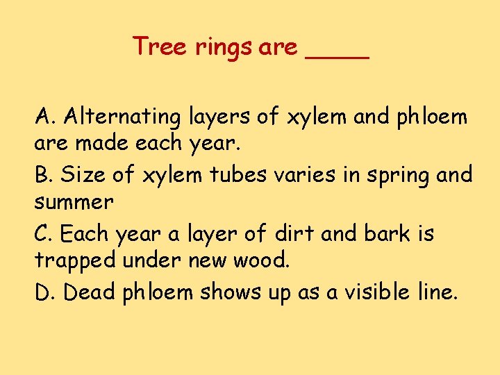 Tree rings are ____ A. Alternating layers of xylem and phloem are made each