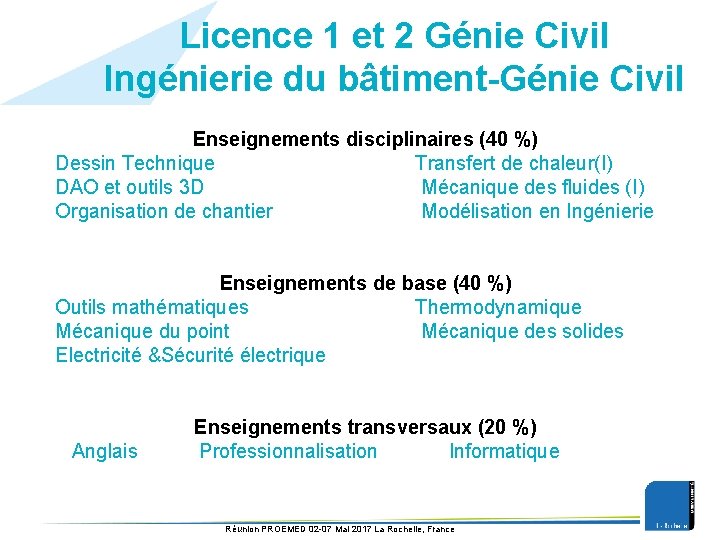 Licence 1 et 2 Génie Civil Ingénierie du bâtiment-Génie Civil Enseignements disciplinaires (40 %)