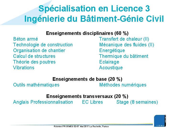 Spécialisation en Licence 3 Ingénierie du Bâtiment-Génie Civil Enseignements disciplinaires (60 %) Béton armé