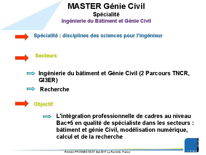 MASTER Génie Civil Spécialité Ingénierie du Bâtiment et Génie Civil Spécialité : disciplines des