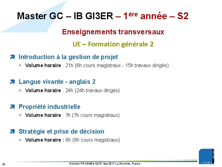 Master GC – IB GI 3 ER – 1ère année – S 2 Enseignements