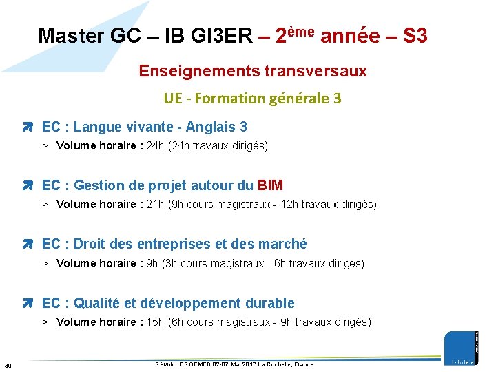 Master GC – IB GI 3 ER – 2ème année – S 3 Enseignements