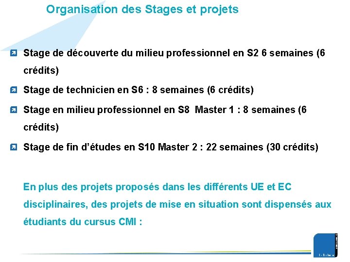 Organisation des Stages et projets Stage de découverte du milieu professionnel en S 2