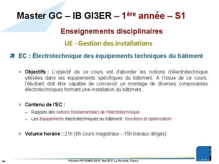 Master GC – IB GI 3 ER – 1ère année – S 1 Enseignements
