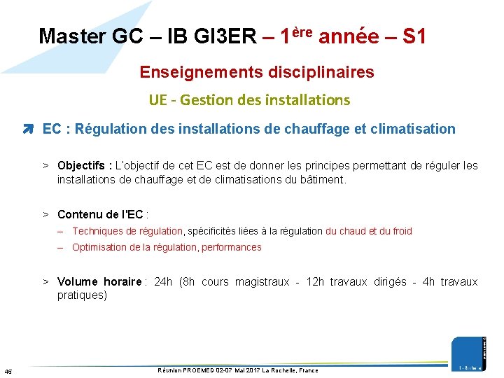 Master GC – IB GI 3 ER – 1ère année – S 1 Enseignements