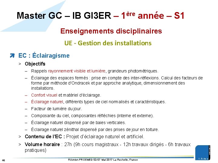 Master GC – IB GI 3 ER – 1ère année – S 1 Enseignements