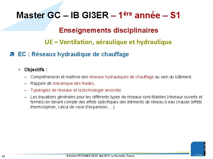 Master GC – IB GI 3 ER – 1ère année – S 1 Enseignements