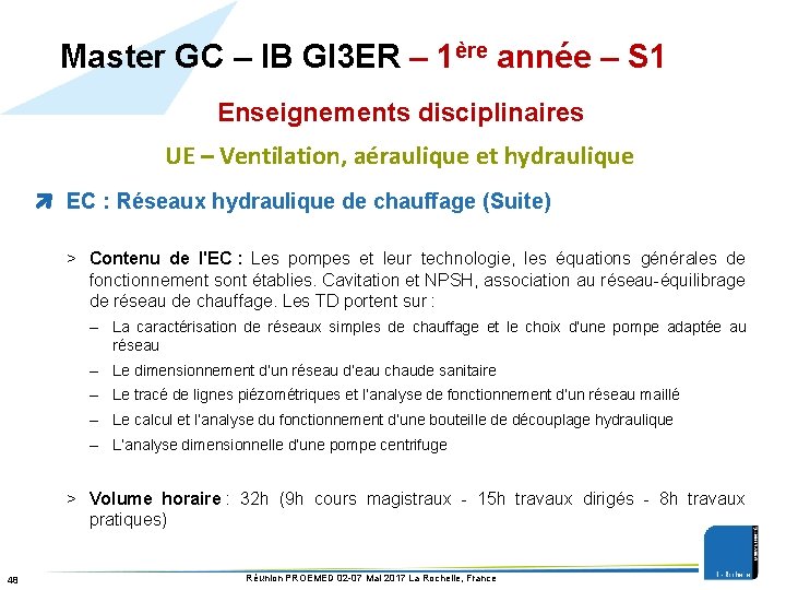 Master GC – IB GI 3 ER – 1ère année – S 1 Enseignements
