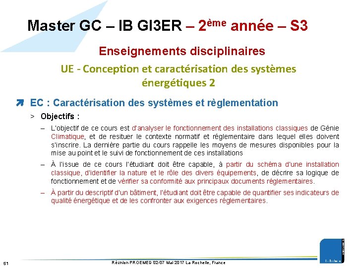 Master GC – IB GI 3 ER – 2ème année – S 3 Enseignements