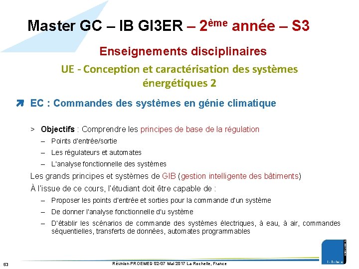 Master GC – IB GI 3 ER – 2ème année – S 3 Enseignements