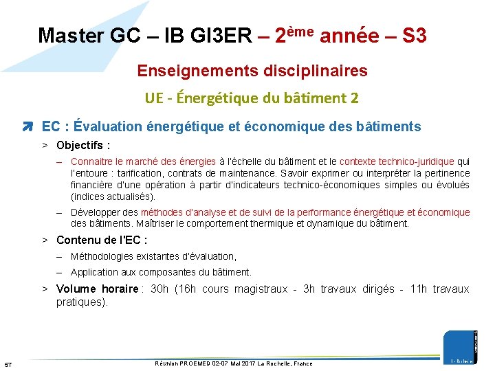 Master GC – IB GI 3 ER – 2ème année – S 3 Enseignements