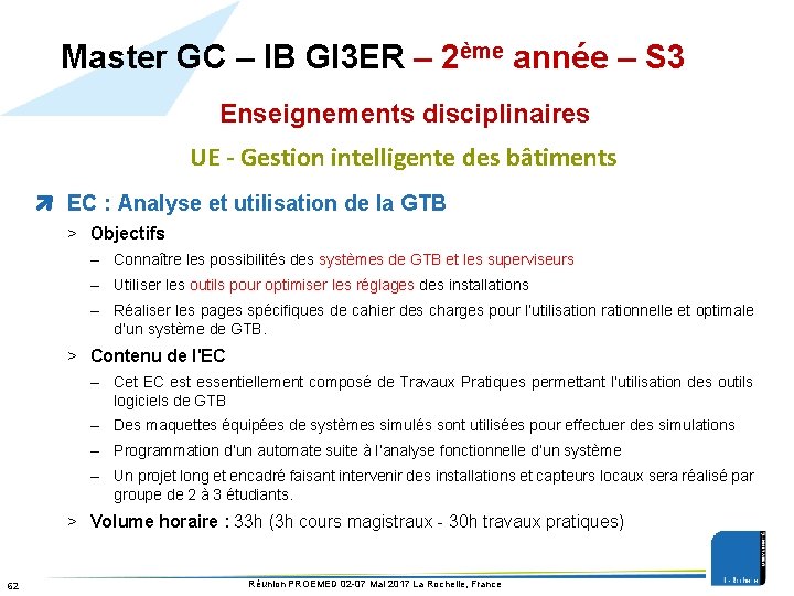 Master GC – IB GI 3 ER – 2ème année – S 3 Enseignements