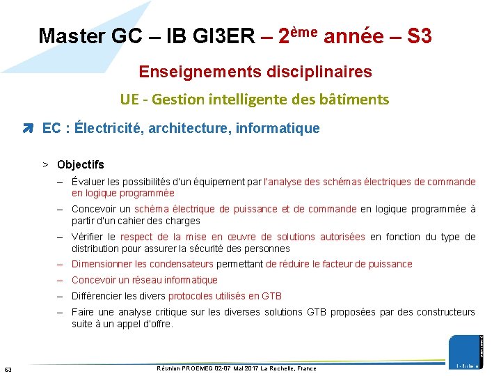 Master GC – IB GI 3 ER – 2ème année – S 3 Enseignements