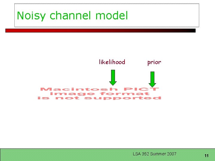 Noisy channel model likelihood prior LSA 352 Summer 2007 11 