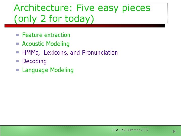 Architecture: Five easy pieces (only 2 for today) Feature extraction Acoustic Modeling HMMs, Lexicons,