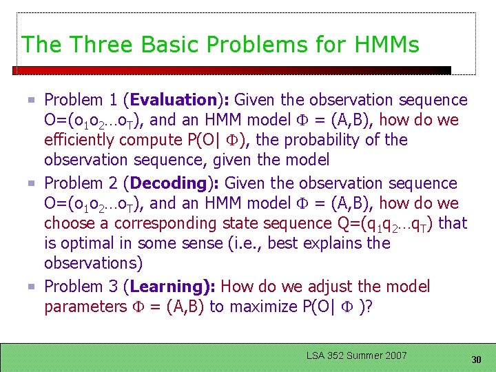 The Three Basic Problems for HMMs Problem 1 (Evaluation): Given the observation sequence O=(o