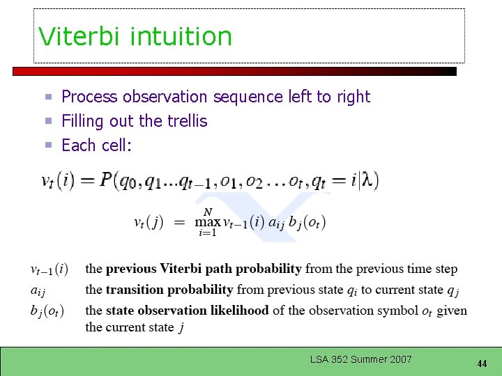 Viterbi intuition Process observation sequence left to right Filling out the trellis Each cell: