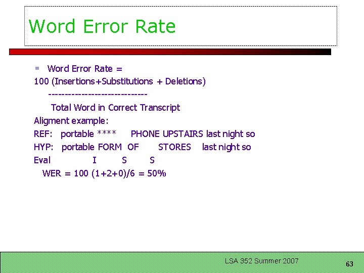 Word Error Rate = 100 (Insertions+Substitutions + Deletions) ---------------Total Word in Correct Transcript Aligment