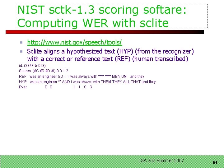 NIST sctk-1. 3 scoring softare: Computing WER with sclite http: //www. nist. gov/speech/tools/ Sclite