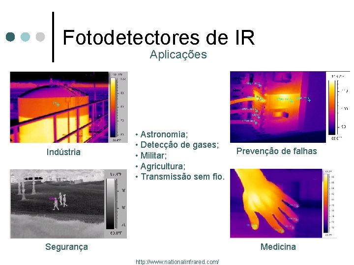 Fotodetectores de IR Aplicações Indústria • Astronomia; • Detecção de gases; • Militar; •