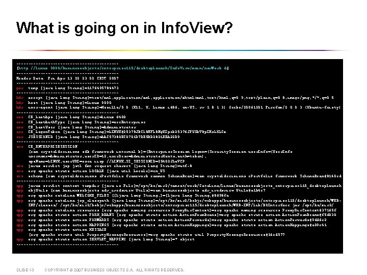 What is going on in Info. View? ---------------------[http: //linux: 9090/businessobjects/enterprise 115/desktoplaunch/Info. View/main/nav. Work. do