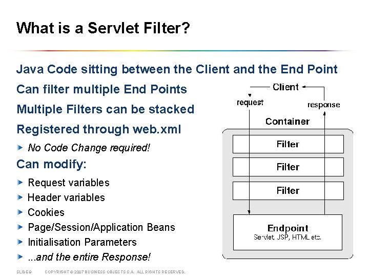 What is a Servlet Filter? Java Code sitting between the Client and the End