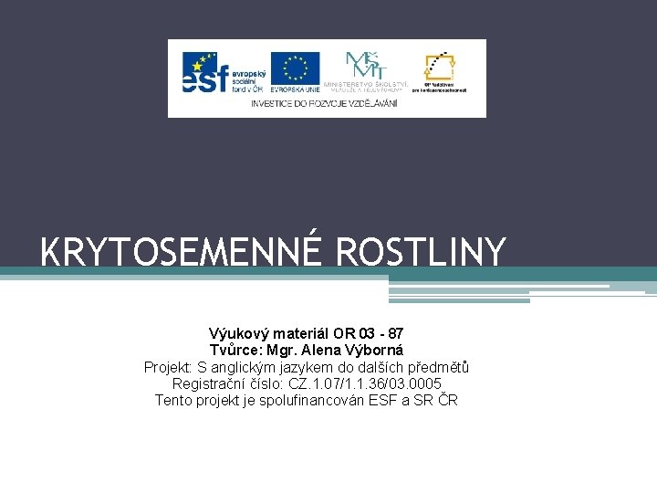 KRYTOSEMENNÉ ROSTLINY Výukový materiál OR 03 - 87 Tvůrce: Mgr. Alena Výborná Projekt: S
