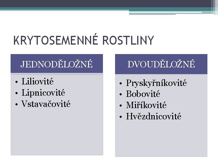 KRYTOSEMENNÉ ROSTLINY JEDNODĚLOŽNÉ • Liliovité • Lipnicovité • Vstavačovité DVOUDĚLOŽNÉ • • Pryskyřníkovité Bobovité