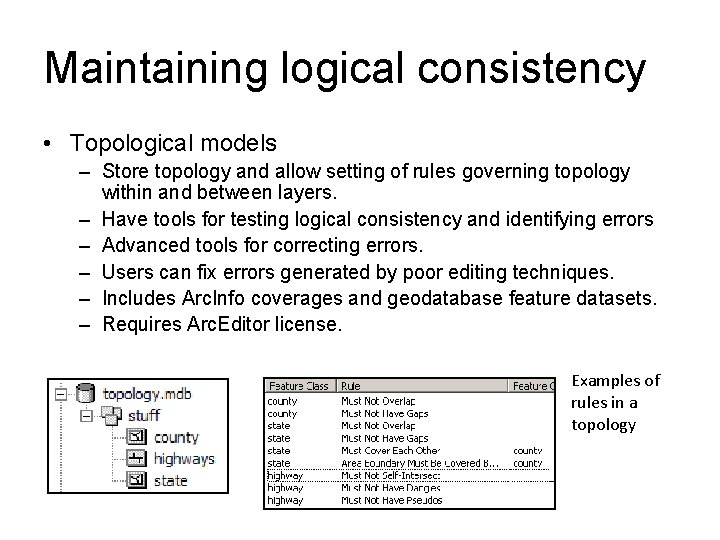 Maintaining logical consistency • Topological models – Store topology and allow setting of rules