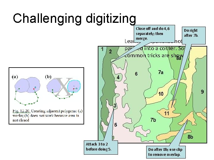 Challenging digitizing Close off and do 4, 6 separately; then merge. Do right after