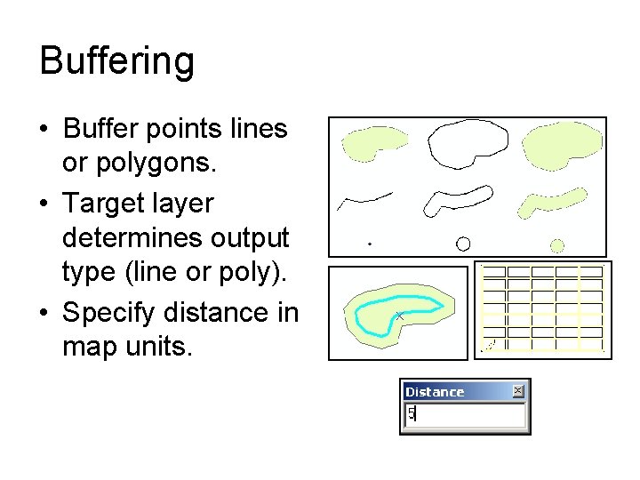 Buffering • Buffer points lines or polygons. • Target layer determines output type (line