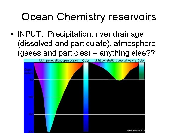 Ocean Chemistry reservoirs • INPUT: Precipitation, river drainage (dissolved and particulate), atmosphere (gases and