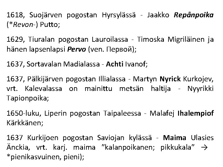 1618, Suojärven pogostan Hyrsylässä - Jaakko Repånpoika (*Revon-) Putto; 1629, Tiuralan pogostan Lauroilassa -