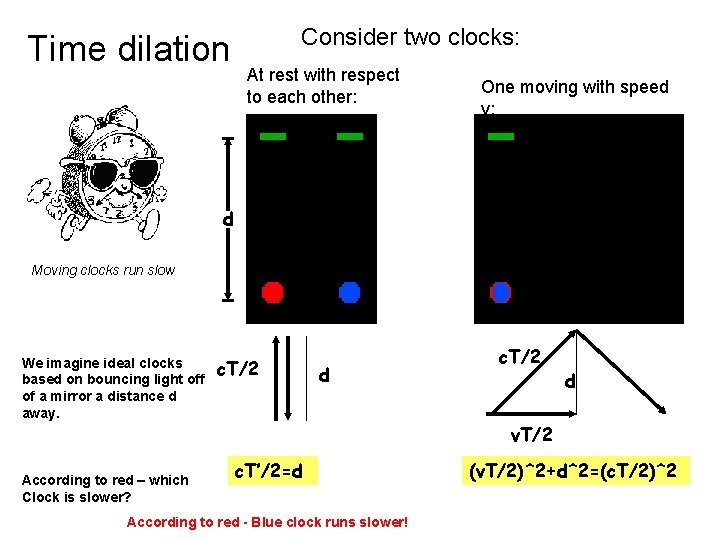 Time dilation Consider two clocks: At rest with respect to each other: One moving
